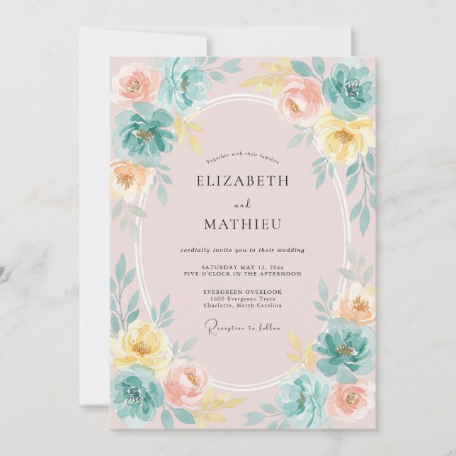 Invitación Boda de peonía de limón sonrojado (Anverso)
