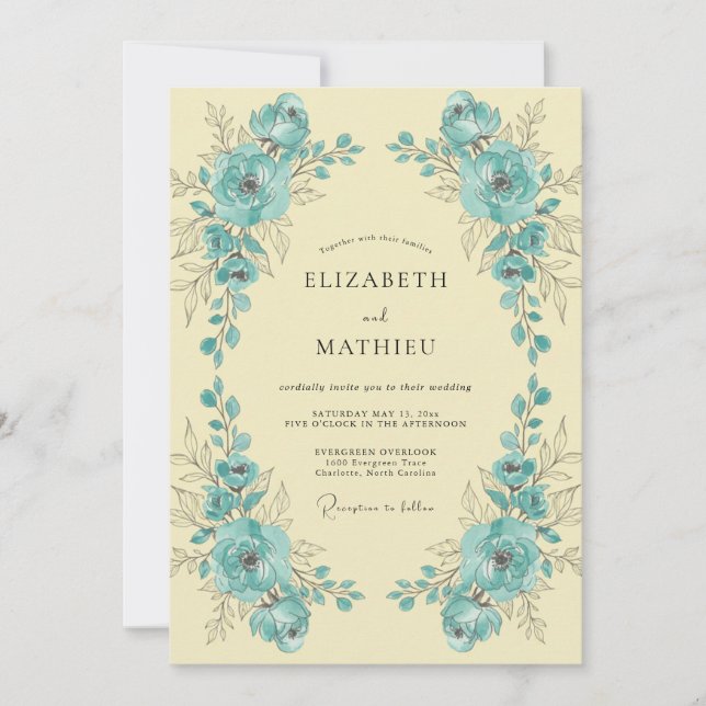 Invitación Boda de Peonía de Limón Turquesa (Anverso)
