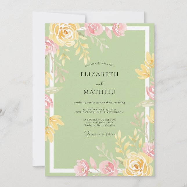 Invitación Boda de Peonía de Mantequilla Celadón (Anverso)