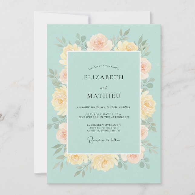 Invitación Boda de peonía de mantequilla celeste (Anverso)