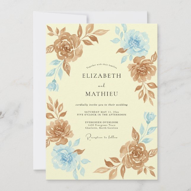 Invitación Boda de peonía de mantequilla de bronce (Anverso)