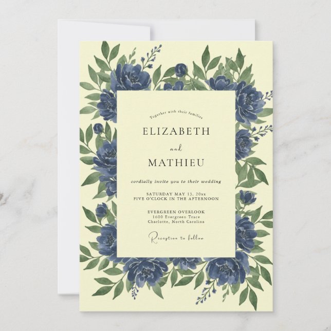 Invitación Boda de Peonía de Mantequilla Índigo (Anverso)