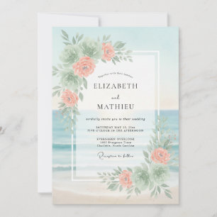Invitación Boda de peonía de melocotón aqua