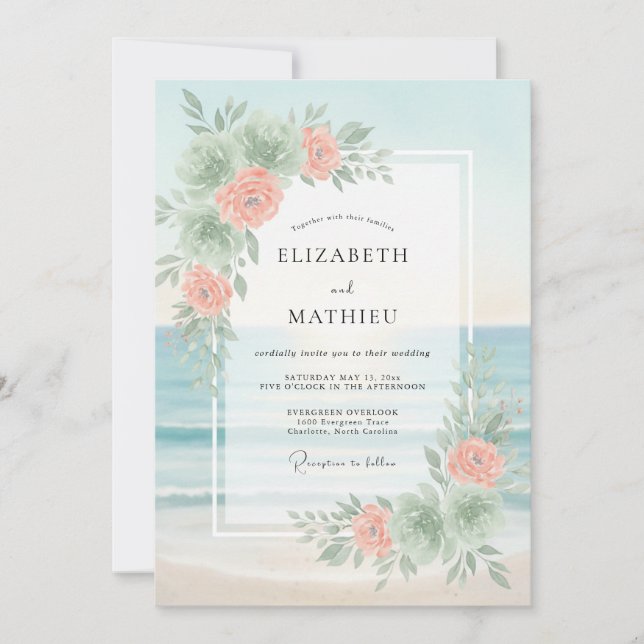 Invitación Boda de peonía de melocotón aqua (Anverso)