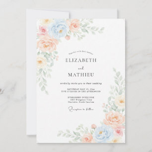 Invitación Boda de peonía de melocotón suave azul