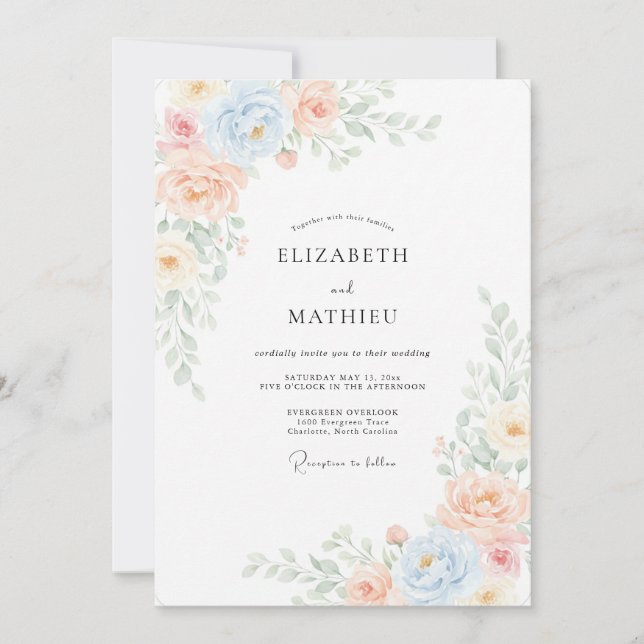 Invitación Boda de peonía de melocotón suave azul (Anverso)