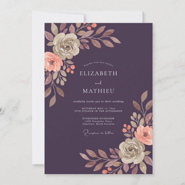 Invitación Boda de peonía de melocotón suave ciruela (Anverso)