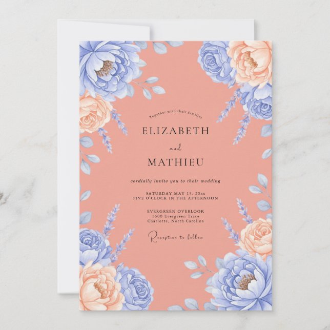 Invitación Boda de Peonía de Melocotón Suave Periwinkle (Anverso)