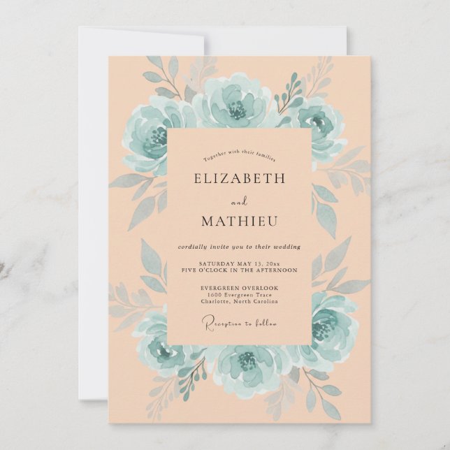 Invitación Boda de peonía de melocotón y espuma de mar (Anverso)