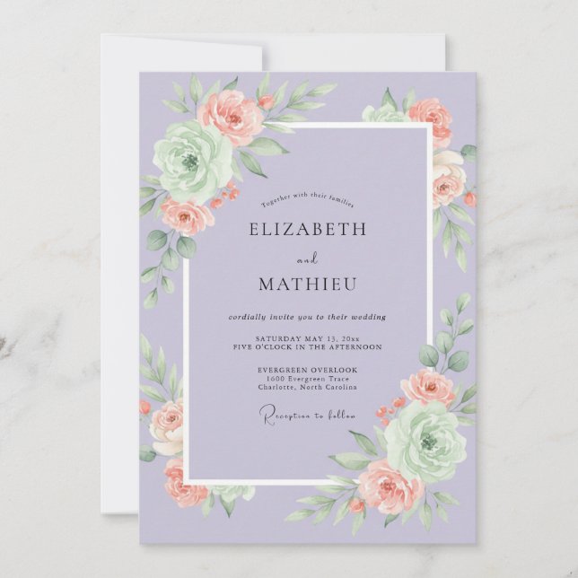 Invitación Boda de Peonía de Melocotón y Lavanda (Anverso)