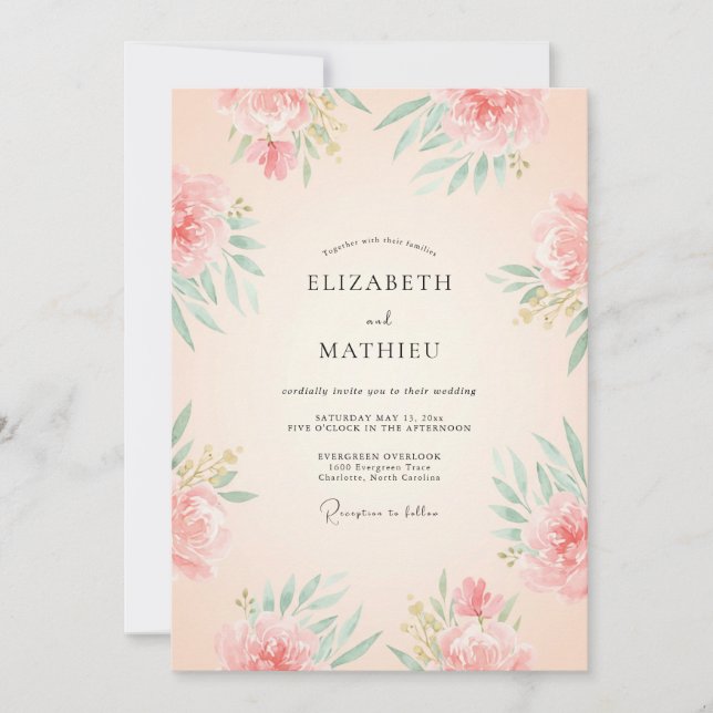 Invitación Boda de Peonía de Menta Albaricoque (Anverso)