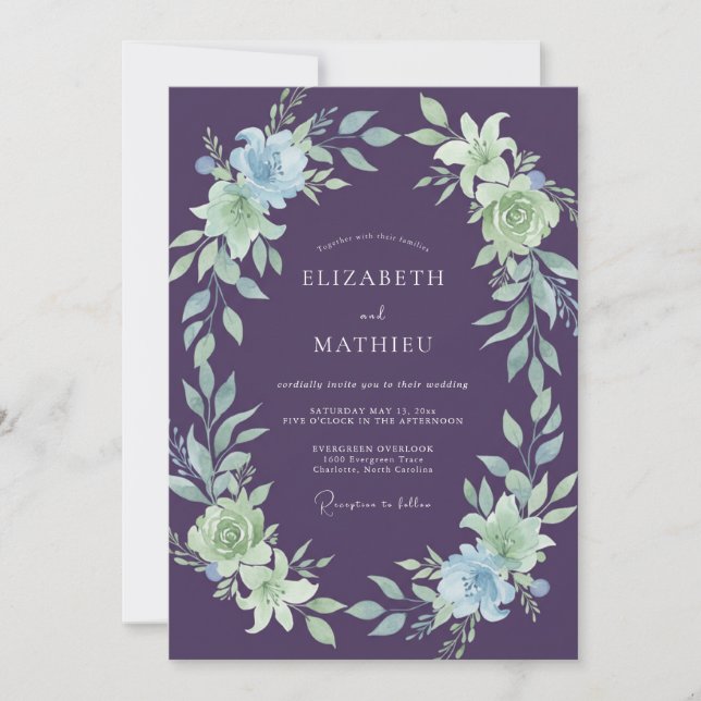 Invitación Boda de peonía de menta berenjena (Anverso)