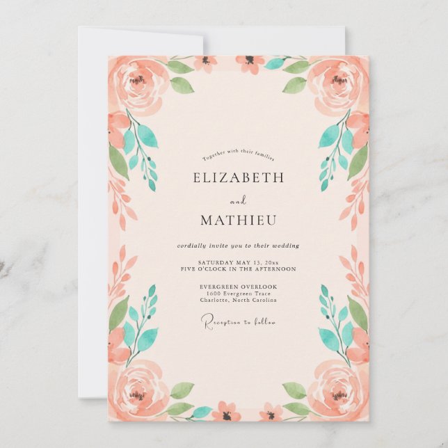 Invitación Boda de peonía de menta coral (Anverso)