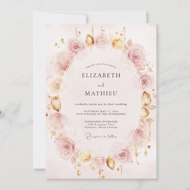 Invitación Boda de Peonía de Oro con Champán (Anverso)