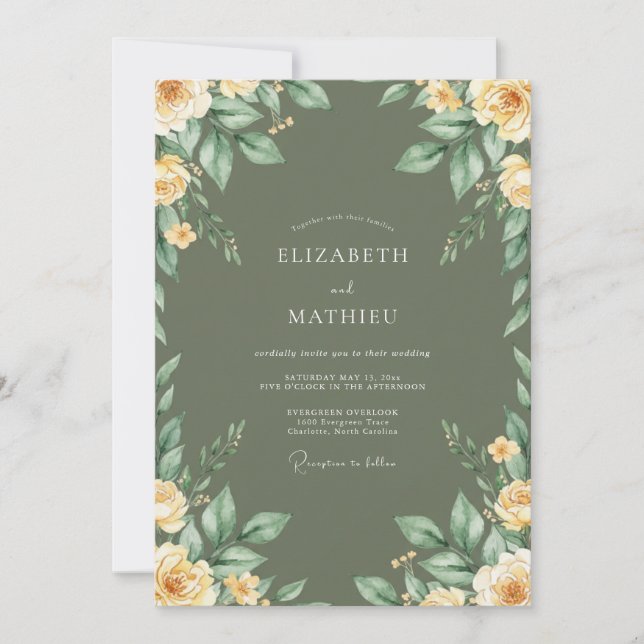 Invitación Boda de Peonía de Oro Oliva (Anverso)