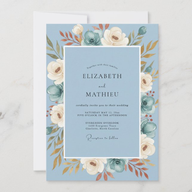 Invitación Boda de peonía de óxido de acero (Anverso)