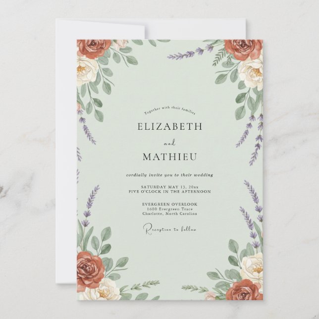 Invitación Boda de peonía de óxido de menta (Anverso)