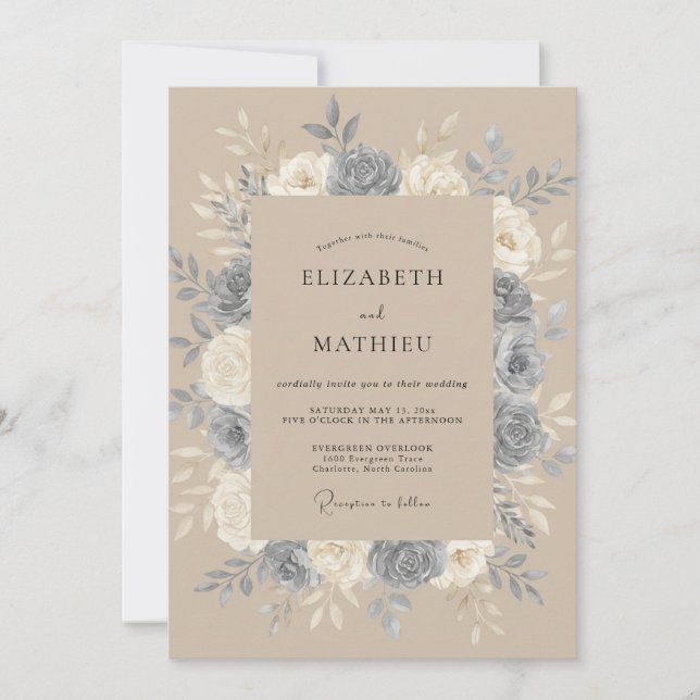 Invitación Boda de peonía de pizarra beige (Anverso)