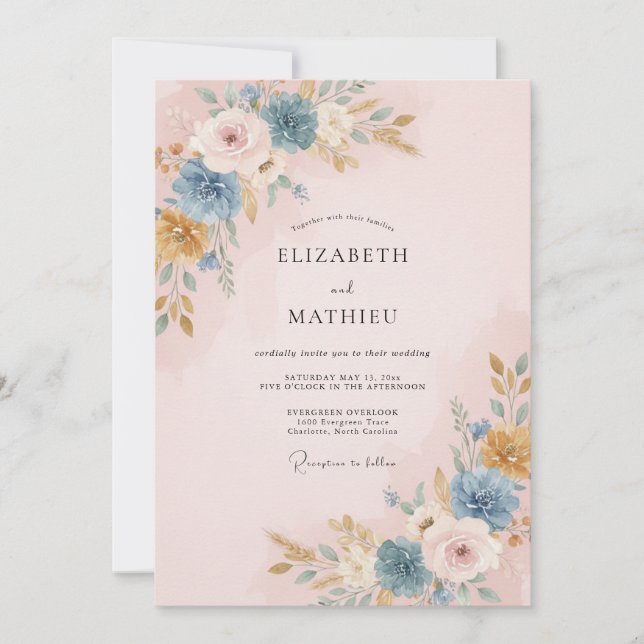 Invitación Boda de peonía de pizarra con rubor (Anverso)