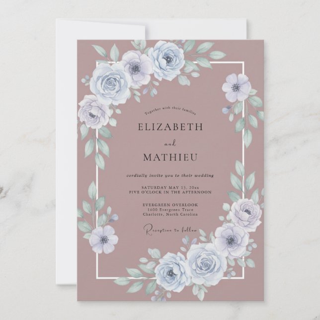 Invitación Boda de Peonía de Pizarra Malva (Anverso)