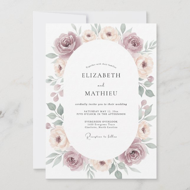 Invitación Boda de Peonía de Pizarra Malva Atenuada (Anverso)