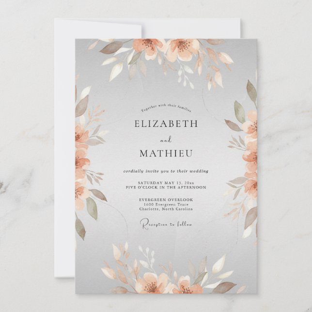 Invitación Boda de peonía de plata de cobre (Anverso)