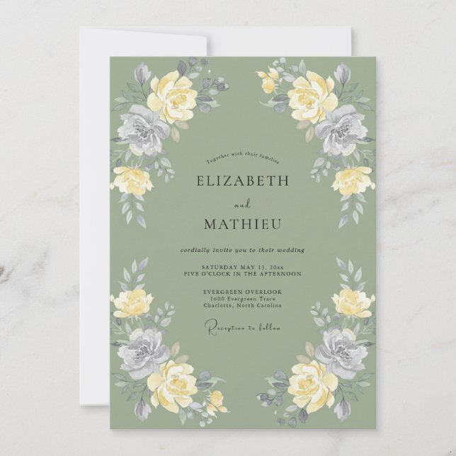 Invitación Boda de peonía de plata oliva (Anverso)