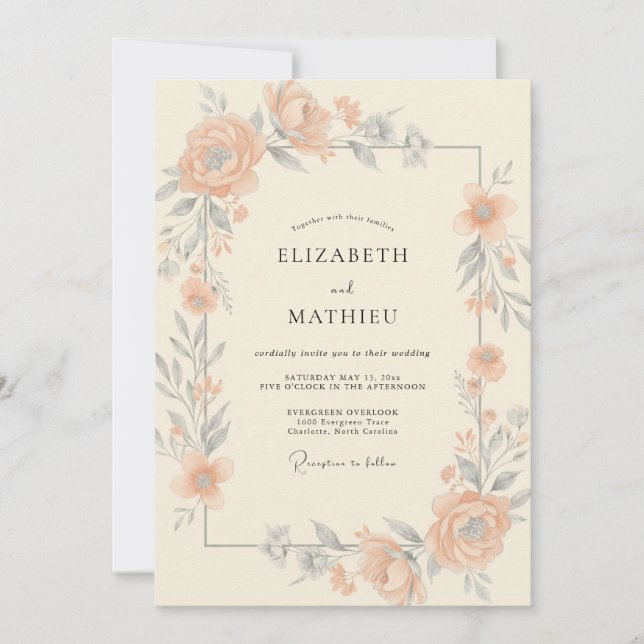 Invitación Boda de Peonía de Plata y Albaricoque (Anverso)