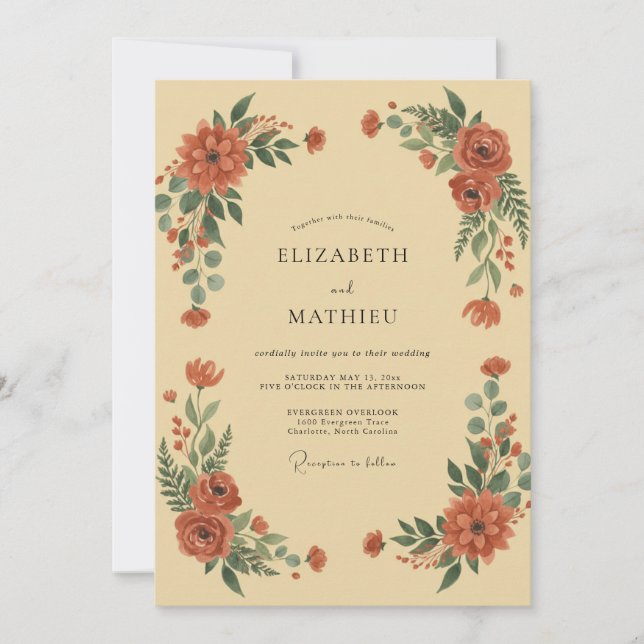 Invitación Boda de peonía de terracota cálida (Anverso)