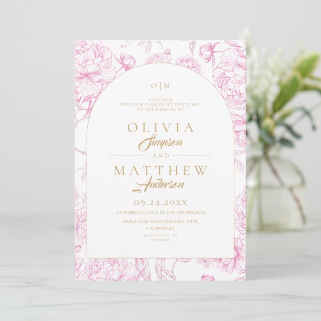 Invitación Boda de peonía de toile francés (Anverso de pie)