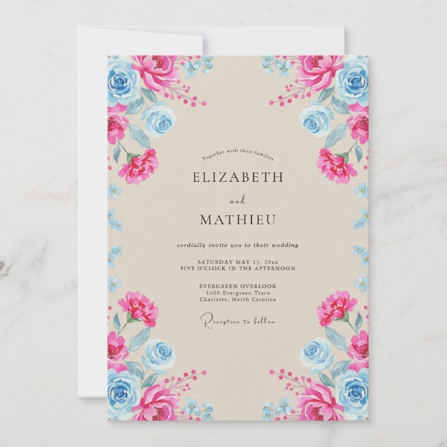 Invitación Boda de Peonía del Cielo Fucsia (Anverso)