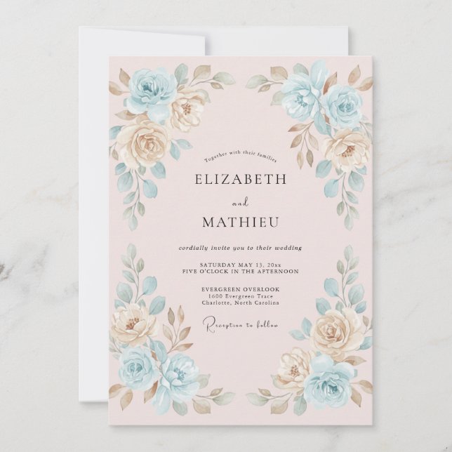 Invitación Boda de Peonía Dorada Cerúlea (Anverso)