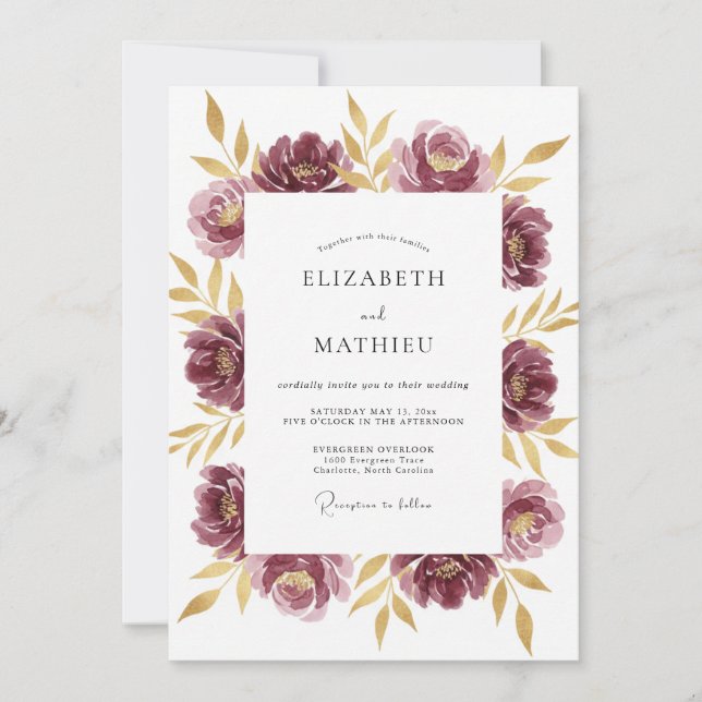 Invitación Boda de Peonía Dorada Ciruela (Anverso)