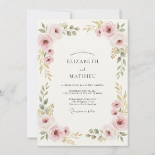 Invitación Boda de peonía dorada con rubor de rosa