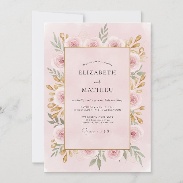 Invitación Boda de peonía dorada con rubor suave (Anverso)