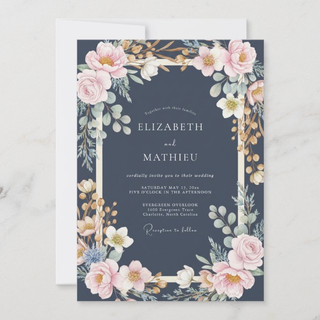 Invitación Boda de Peonía Dorada de Medianoche (Anverso)
