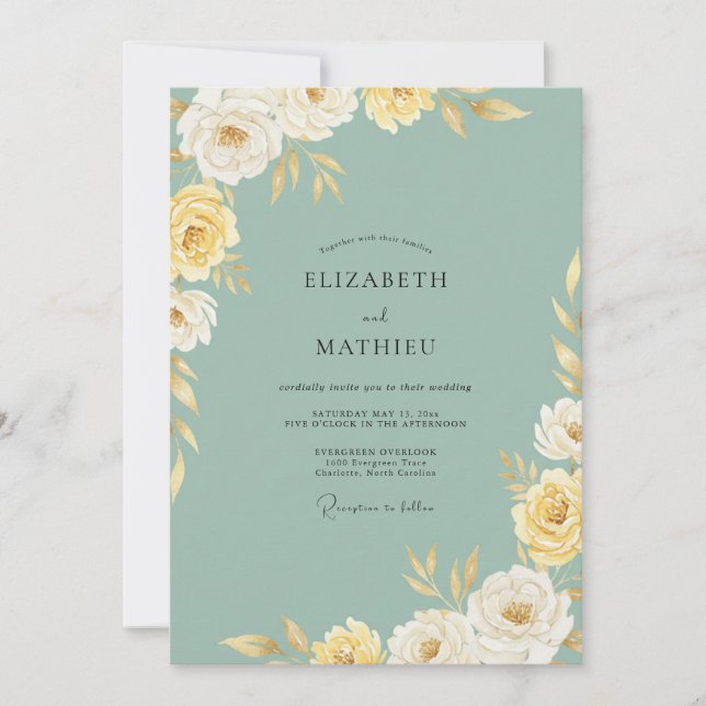 Invitación Boda de peonía dorada espuma de mar (Anverso)