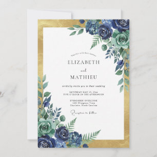 Invitación Boda de Peonía Dorada Índigo