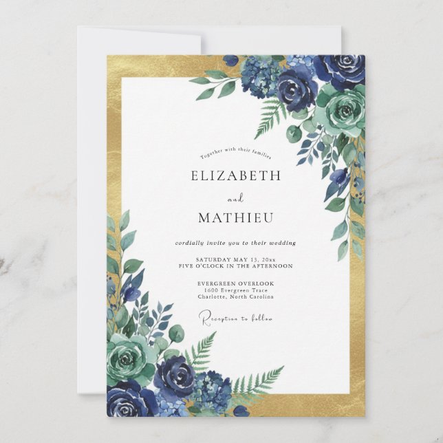 Invitación Boda de Peonía Dorada Índigo (Anverso)