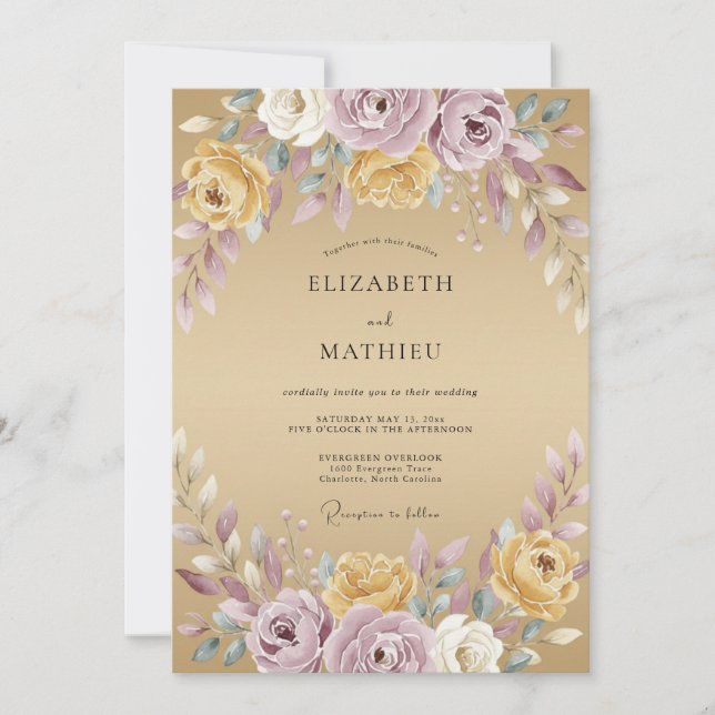 Invitación Boda de Peonía Dorada Lila (Anverso)