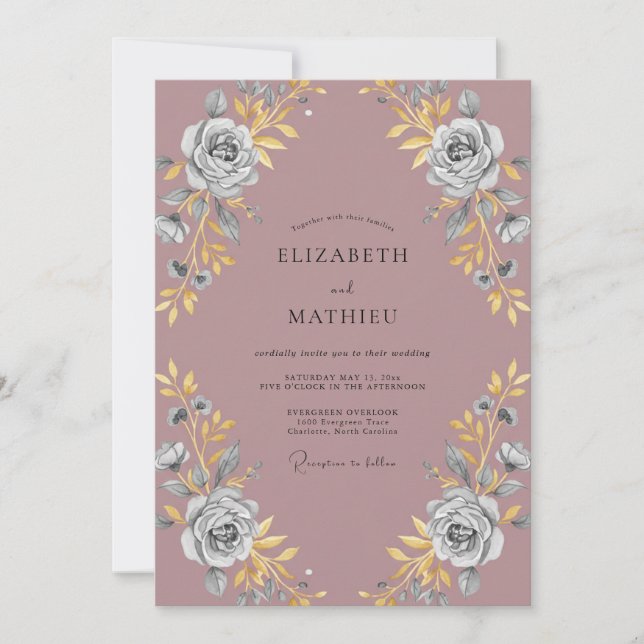 Invitación Boda de Peonía Dorada Malva (Anverso)