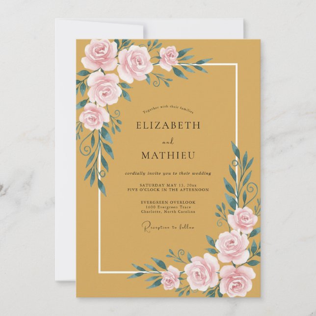 Invitación Boda de Peonía Dorada Mostaza (Anverso)