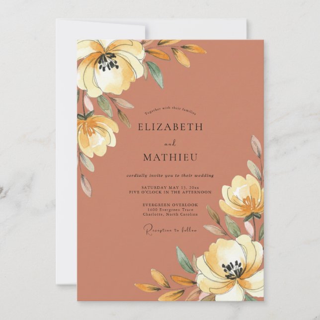 Invitación Boda de Peonía Dorada Oxidada (Anverso)