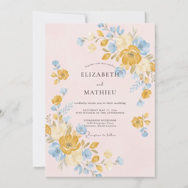 Invitación Boda de Peonía Dorada Rosada (Anverso)