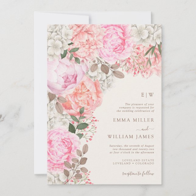Invitación Boda de Peonía Elegante (Anverso)