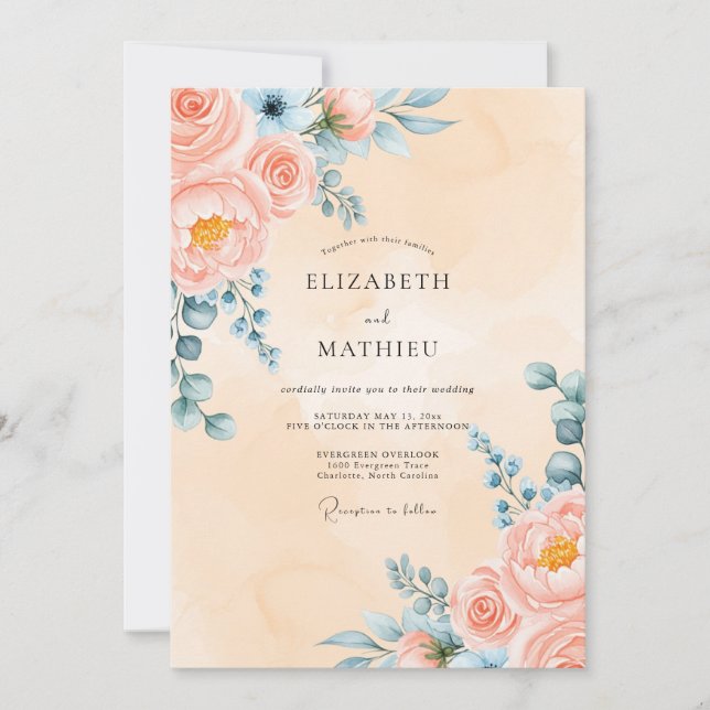 Invitación Boda de peonía elegante de melocotón (Anverso)