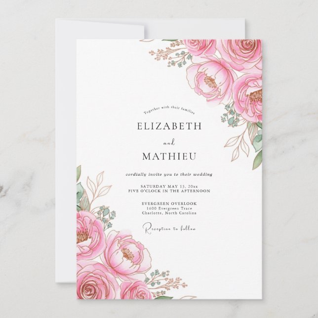 Invitación Boda de peonía elegante rosa (Anverso)