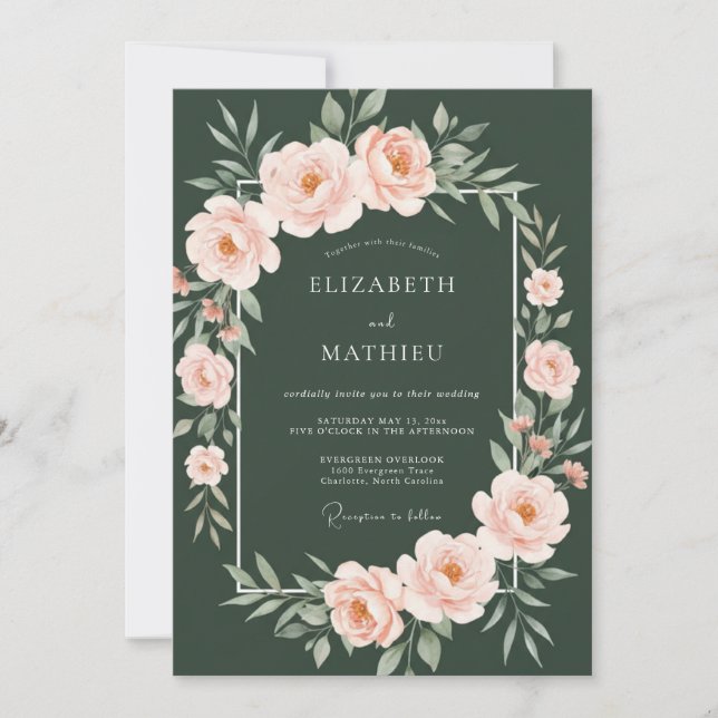 Invitación Boda de peonía elegante verde bosque (Anverso)