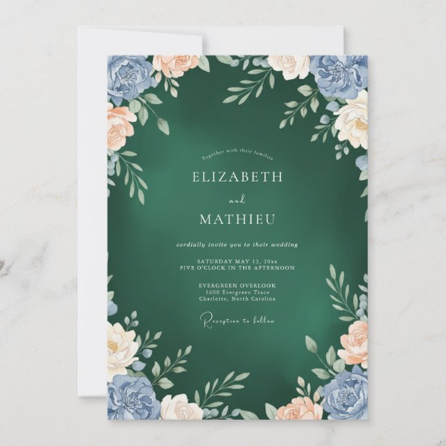 Invitación Boda de Peonía Esmeralda Oscura (Anverso)