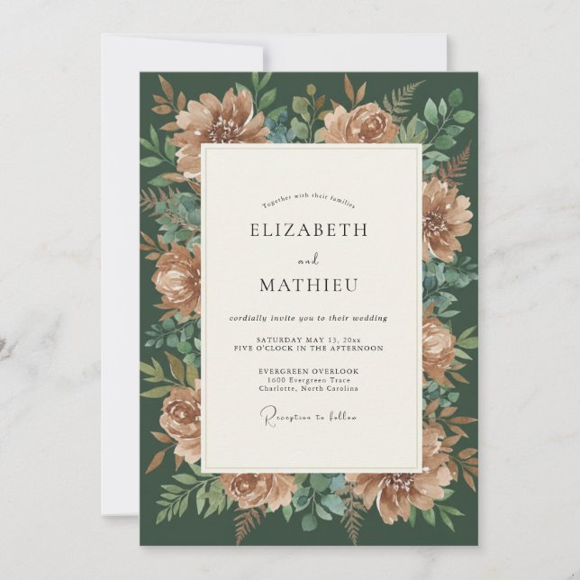 Invitación Boda de peonía esmeralda oxidada (Anverso)